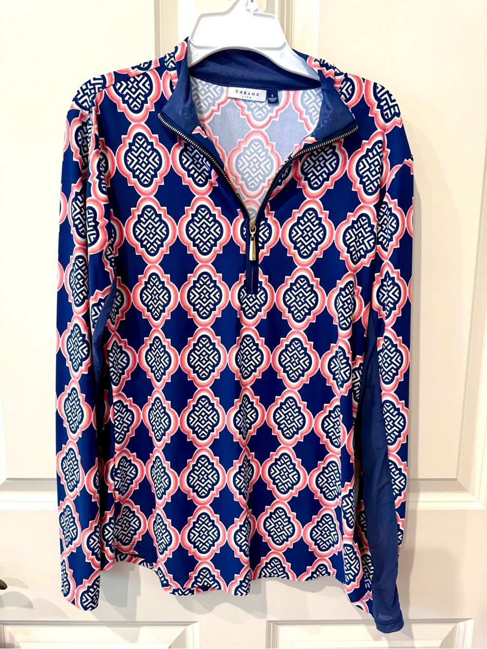 Cabana Life Women's UPF50 Navy & Pink Printed Quarter-Zip Top, small.